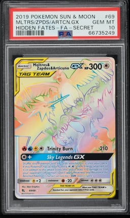 2019 Pokemon SM Hidden Fates Hyper Rare Moltres Zapdos Articuno GX #69 PSA 10
