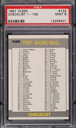 1987 Fleer Basketball Checklist 1-132 #132 PSA 9 MINT