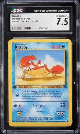 1999 Pokemon Fossil 1st Edition Krabby #51 CGC 7.5 NRMT+