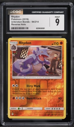 2019 Pokemon Sun & Moon Unbroken Bonds Reverse Holo Rhydon #94 CGC 9 MINT