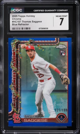 2025 Topps Chrome Holiday Blue Refractor Thomas Saggese ROOKIE /199 #HC187 CGC 7 NRMT