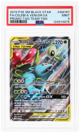 2019 Pokemon Sun and Moon Black Star Tag Team Tins Promo Celebi/Venusaur Gx #SM167 PSA 9