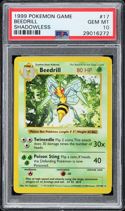 1999 Pokemon Base Set Shadowless Beedrill #17 PSA 10 GEM MINT