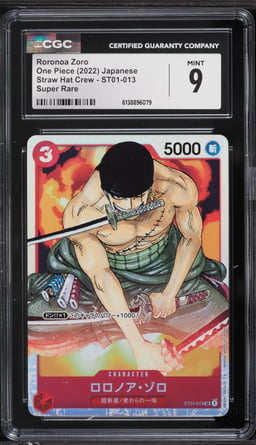 2022 One Piece Japanese Straw Hat Crew SR Roronoa Zoro #ST01-013 CGC 9 MINT