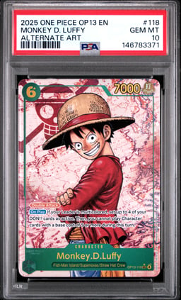 2025 ONE PIECE OP13-CARRYING ON HIS WILL 118 MONKEY D. LUFFY ALTERNATE ART PSA 10