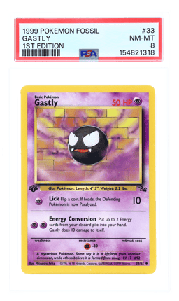 1999 Pokemon Fossil 1st Edition Gastly #33 PSA 8