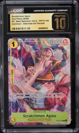2026 One Piece Premium Best Selection Vol.6 Alt Art Scratchmen Apoo #OP10-108 CGC 10 PRISTINE