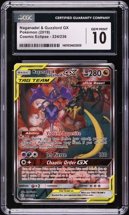 2019 Pokemon SM Cosmic Eclipse Alt Art Naganadel & Guzzlord GX #224 CGC 10 GEM