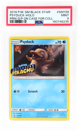 2019 Pokemon Sun and Moon Black Star Promo Detective Pikachu On the Case Figure Collection Holo Psyduck #SM199 PSA 9