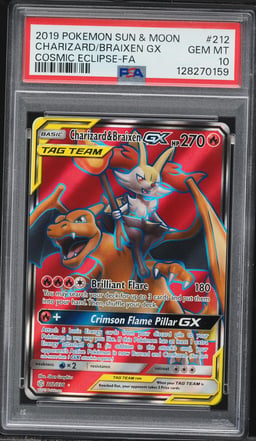 2019 Pokemon Sun & Moon Cosmic Eclipse Full Art Charizard & Braixen GX #212 PSA 10 GEM MINT