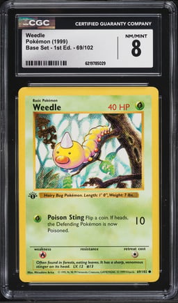 1999 Pokemon Base Set Shadowless 1st Edition Weedle #69 CGC 8 NM-MT