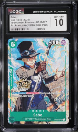 2025 One Piece Tournament Promos 3rd Anniversary 3 Brothers Pack Sabo #OP09-027 CGC 10 GEM MINT