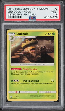 2019 Pokemon Sun & Moon Detective Pikachu Holo Ludicolo #2 PSA 9 MINT