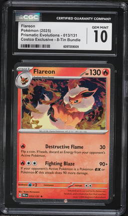 2025 Pokemon SV Prismatic Evolutions Costco Exclusive 8-Tin Bundle Flareon #013 CGC 10 GEM MINT