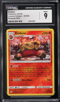 2019 Pokemon Sun & Moon Cosmic Eclipse Reverse Holo Emboar #33 CGC 9 MINT