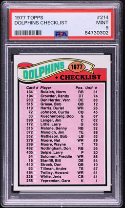 1977 Topps Football Dolphins Checklist #214 PSA 9 MINT