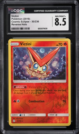 2019 Pokemon Cosmic Eclipse Reverse Holo Victini #30 CGC 8.5 NM-MT+