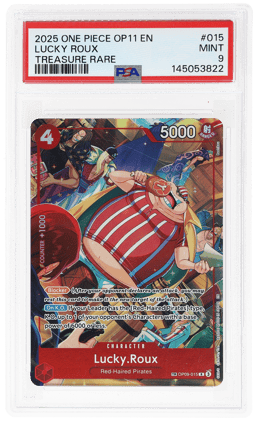 2025 One Piece A Fist of Divine Speed Treasure Rare Lucky Roux #OP09-015 PSA 9
