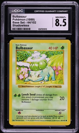 1999 Pokemon Base Set Shadowless Bulbasaur #44 CGC 8.5 NM-MT+