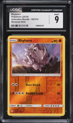 2019 Pokemon Sun & Moon Unbroken Bonds Reverse Holo Rhyhorn #93 CGC 9 MINT