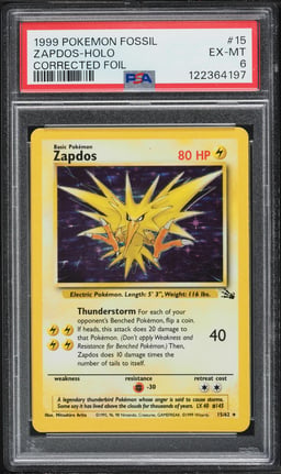 1999 Pokemon Fossil Corrected Holo Zapdos #15 PSA 6 EXMT