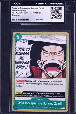 2026 One Piece The Azure Sea's Seven Strive To Surpass Me, Roronoa Zoro!!! #OP14-036 CGC AUTH