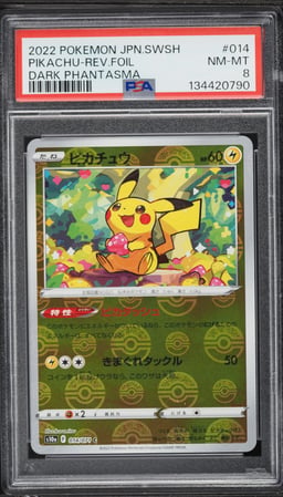 2022 Pokemon Japanese SWSH Dark Phantasma Poke Ball Reverse Holo Pikachu #14 PSA 8 NM-MT
