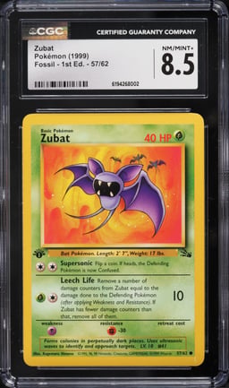 1999 Pokemon Fossil 1st Edition Zubat #57 CGC 8.5 NM-MT+