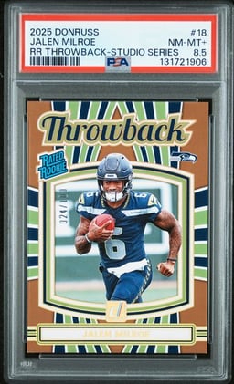 2025 JALEN MILROE #18 PANINI DONRUSS RATED ROOKIES THROWBACK RR THROWBACK STUDIO SERIES PSA 8.5