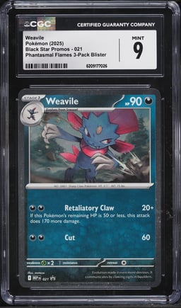 2025 Pokemon Mega Evolution Promo Phantasmal Flames 3-Pack Blister Weavile #21 CGC 9 MINT