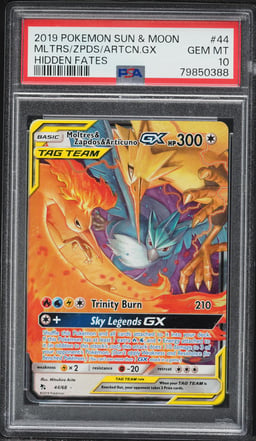 2019 Pokemon Sun & Moon Hidden Fates Full Art Moltres Zapdos Articuno GX #44 PSA 10 GEM MINT