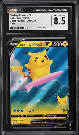 2021 Pokemon Sword & Shield Celebrations Holo Surfing Pikachu V #8 CGC 8.5 NM-MT+