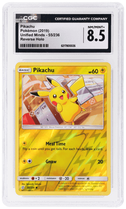 2019 Pokemon Sun and Moon Unified Minds Reverse Holo Pikachu #55 CGC 8.5