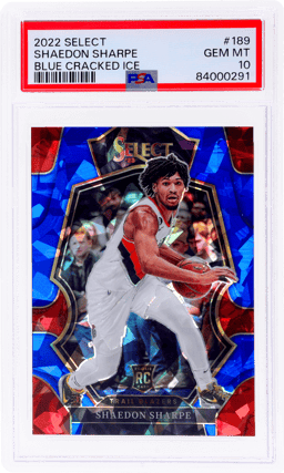 2022 Panini Select Premier Level Blue Cracked Ice Prizm Shaedon Sharpe #189 PSA 10