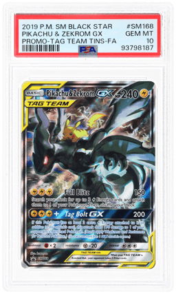 2019 Pokemon Sun and Moon Black Star Promo Tag Team Tins Pikachu/Zekrom Gx #SM168 PSA 10
