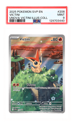 2025 Pokemon Scarlet and Violet Black Star Promo Unova Illustration Collection Victini #208 PSA 9