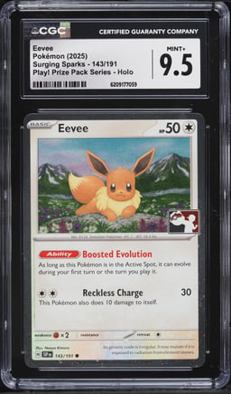 2025 Pokemon Scarlet & Violet Surging Sparks Play! Prize Pack Holo Eevee #143 CGC 9.5 MINT+