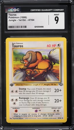 1999 Pokemon Jungle 1st Edition Tauros #47 CGC 9 MINT