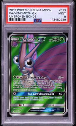 2019 Pokemon Sun & Moon Unbroken Bonds Full Art Venomoth GX #193 PSA 9 MINT