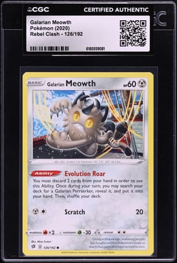 2020 Pokemon Sword & Shield Rebel Clash Galarian Meowth #126 CGC AUTH
