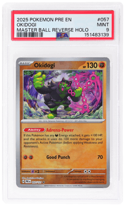 2025 Pokemon Prismatic Evolutions Master Ball Reverse Holo Okidogi #057 PSA 9