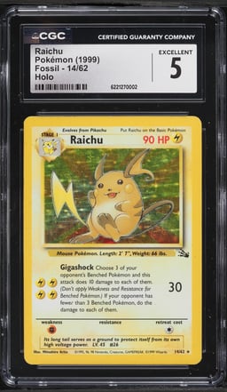 1999 Pokemon Fossil Holo Raichu #14 CGC 5 EX