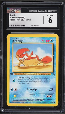 1999 Pokemon Fossil 1st Edition Krabby #51 CGC 6 EXMT