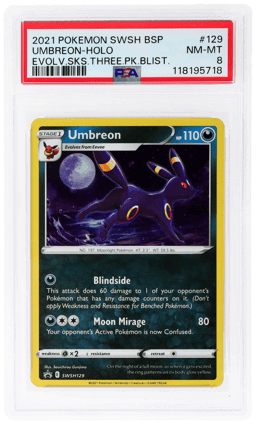 2021 Pokemon Sword and Shield Black Star Promo Evolving Skies Three Pack Blisters Holo Umbreon #129 PSA 8