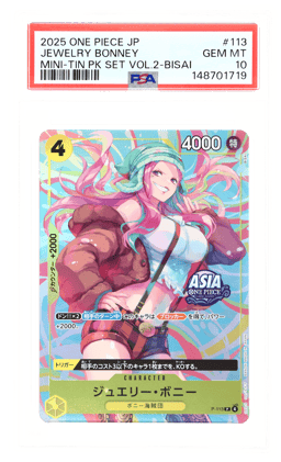 2025 One Piece Promo Mini Tin Pack Set Volume 2 Japanese Bisai Jewelry Bonney #P113 PSA 10