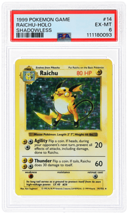 1999 Pokemon Base Set Shadowless Holo Raichu #14 PSA 6