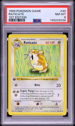 1999 Pokemon Base Set Holo Shadowless 1st Edition Raticate #40 PSA 8 NM-MT