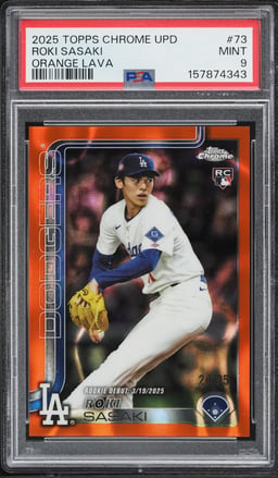 2025 Topps Chrome Update Orange Lava Roki Sasaki ROOKIE /25 #73 PSA 9 MINT