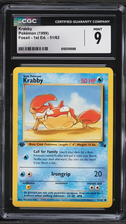1999 Pokemon Fossil 1st Edition Krabby #51 CGC 9 MINT