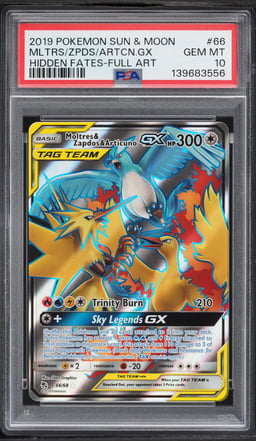 2019 Pokemon Sun & Moon Hidden Fates Full Art Moltres Zapdos Articuno GX #66 PSA 10 GEM MINT